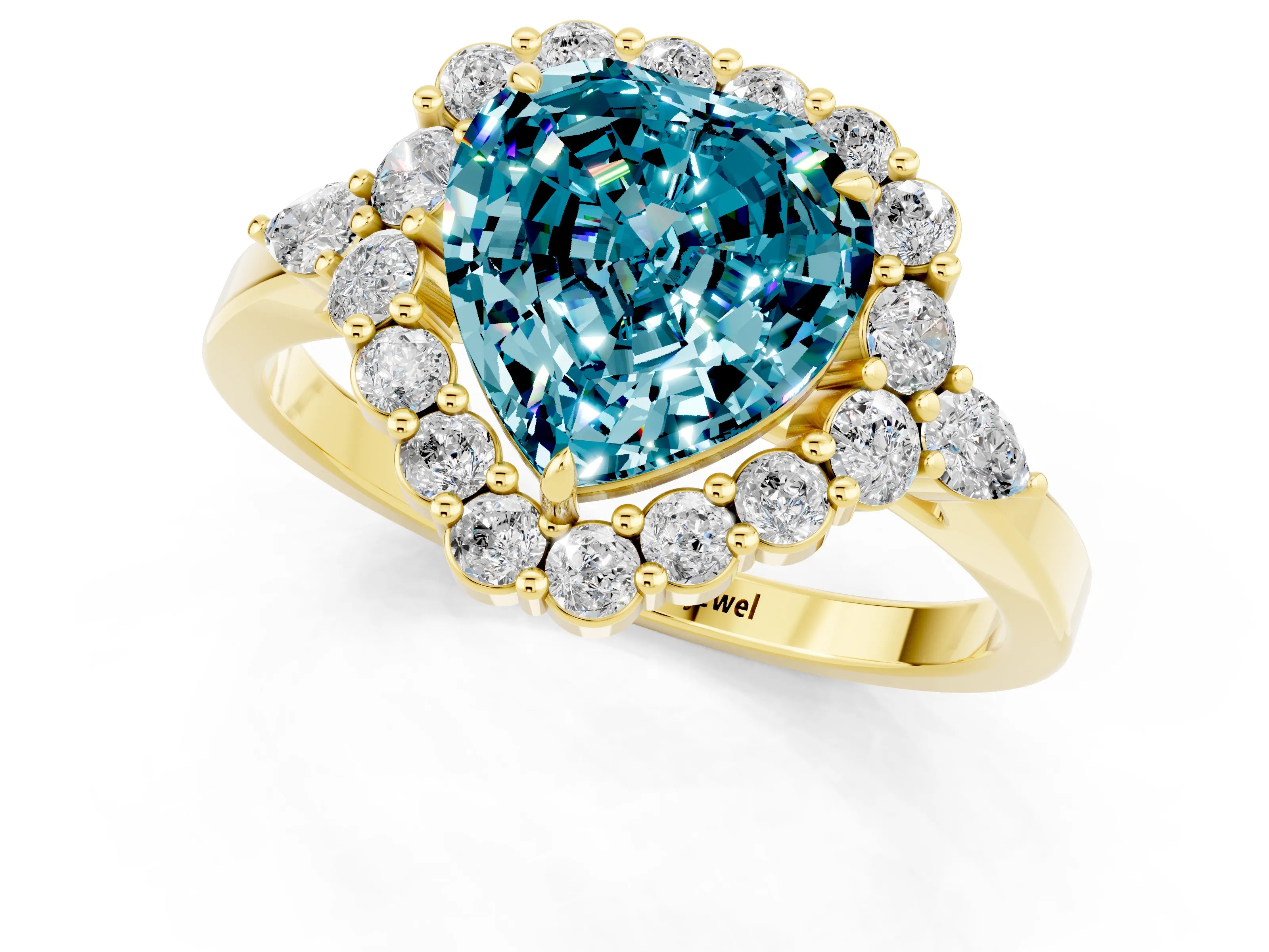 Yellow gold Heart Cut Blue Topaz Halo Ring with Pear Side Stones and Prong Setting_13
