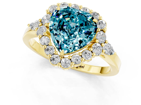 Yellow gold Heart Cut Blue Topaz Halo Ring with Pear Side Stones and Prong Setting