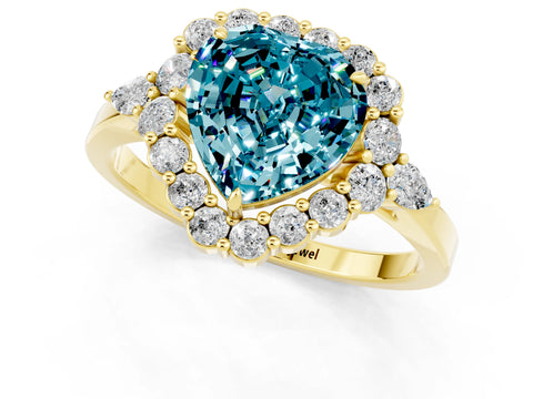 Yellow gold Heart Cut Blue Topaz Halo Ring with Pear Side Stones and Prong Setting_13