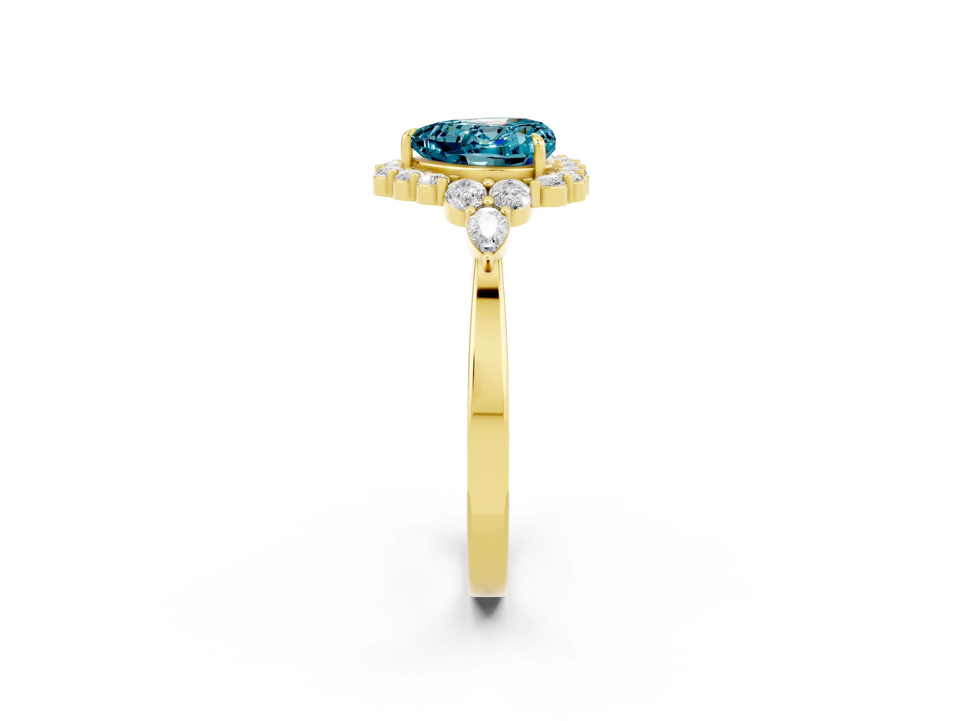 Yellow gold Heart Cut Blue Topaz Halo Ring with Pear Side Stones and Prong Setting_14