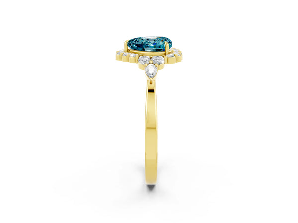 Yellow gold Heart Cut Blue Topaz Halo Ring with Pear Side Stones and Prong Setting