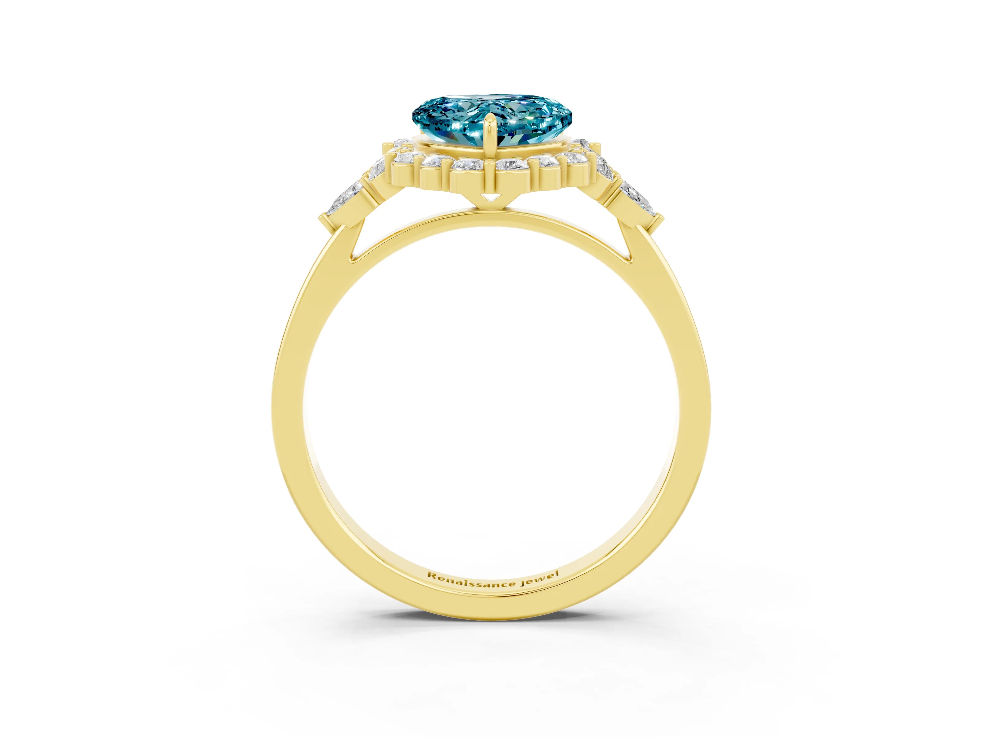 Yellow gold Heart Cut Blue Topaz Halo Ring with Pear Side Stones and Prong Setting_15