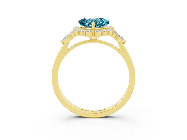Yellow gold Heart Cut Blue Topaz Halo Ring with Pear Side Stones and Prong Setting