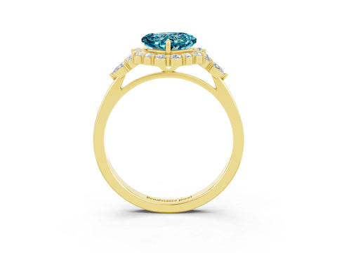 Yellow gold Heart Cut Blue Topaz Halo Ring with Pear Side Stones and Prong Setting_15
