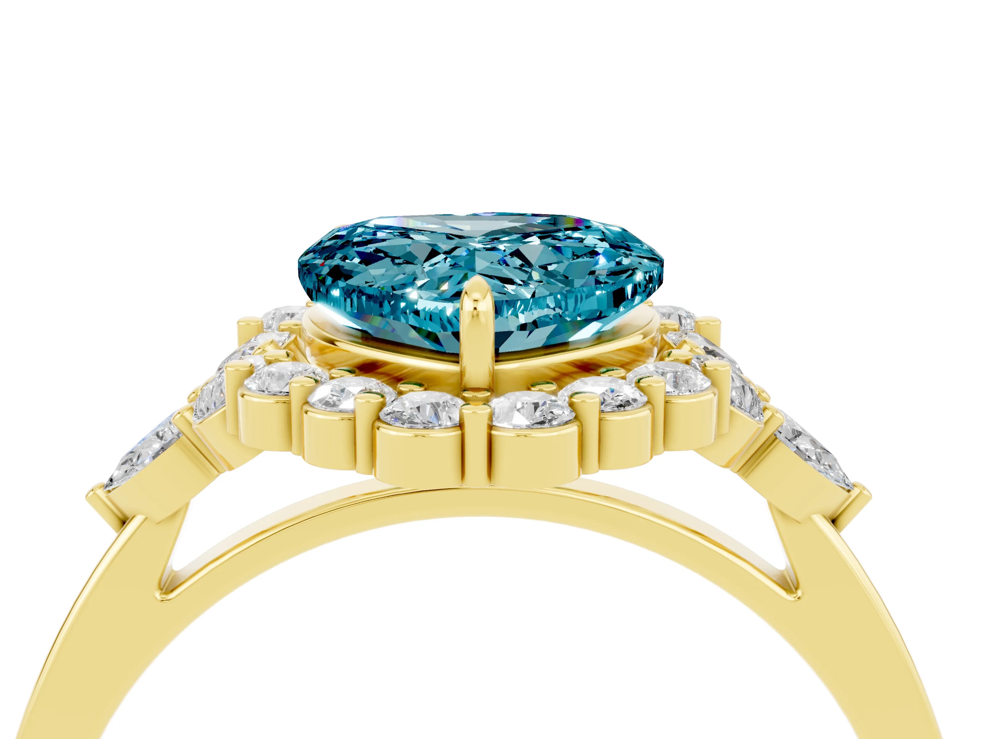 Yellow gold Heart Cut Blue Topaz Halo Ring with Pear Side Stones and Prong Setting_16