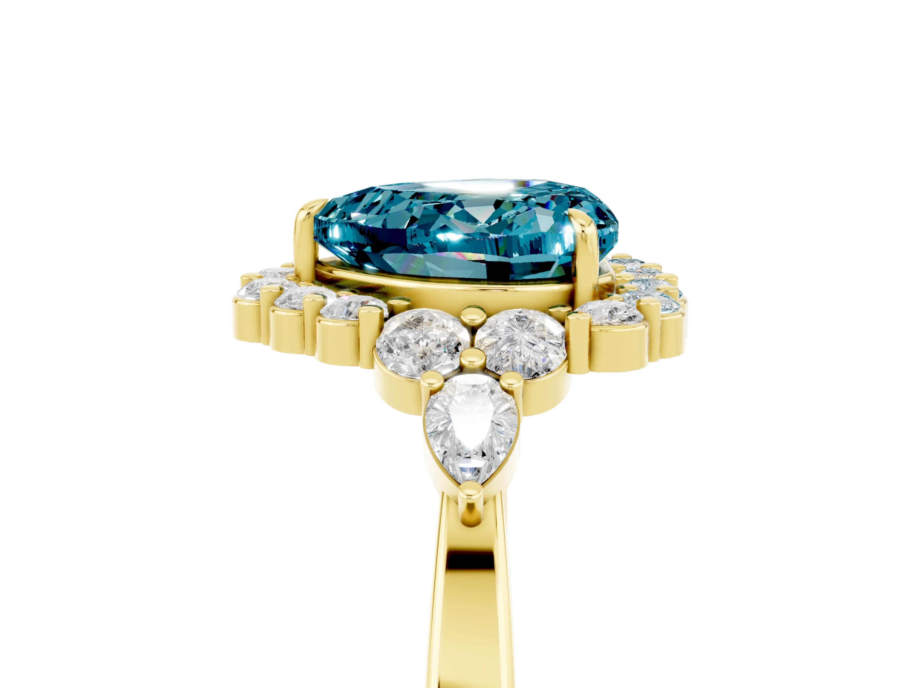 Yellow gold Heart Cut Blue Topaz Halo Ring with Pear Side Stones and Prong Setting_17