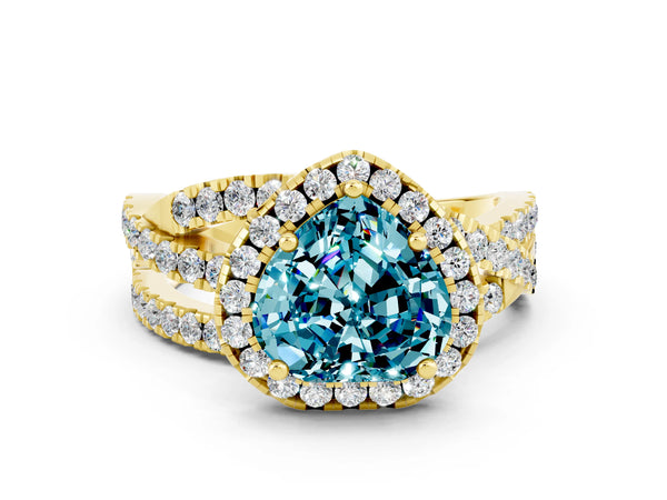Yellow gold Heart Cut Blue Topaz Halo Ring with Round Split Shank and Prong Setting
