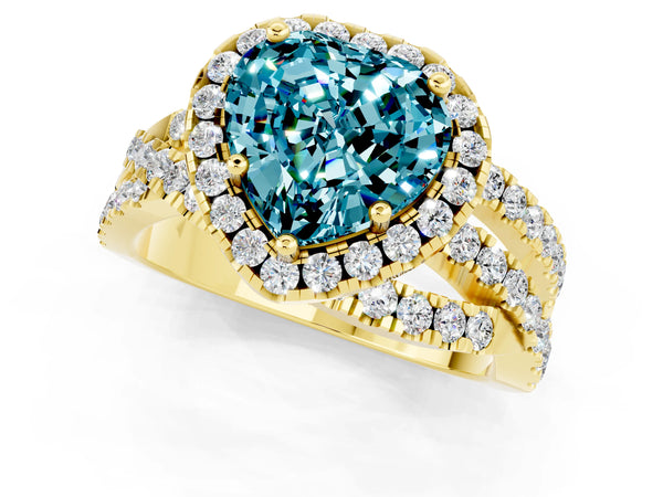 Yellow gold Heart Cut Blue Topaz Halo Ring with Round Split Shank and Prong Setting
