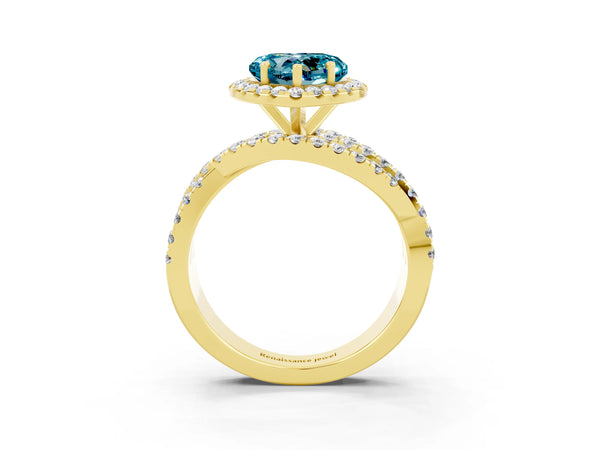 Yellow gold Heart Cut Blue Topaz Halo Ring with Round Split Shank and Prong Setting