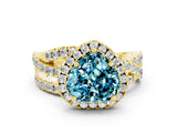 Yellow gold Heart Cut Blue Topaz Halo Ring with Round Split Shank and Prong Setting_48