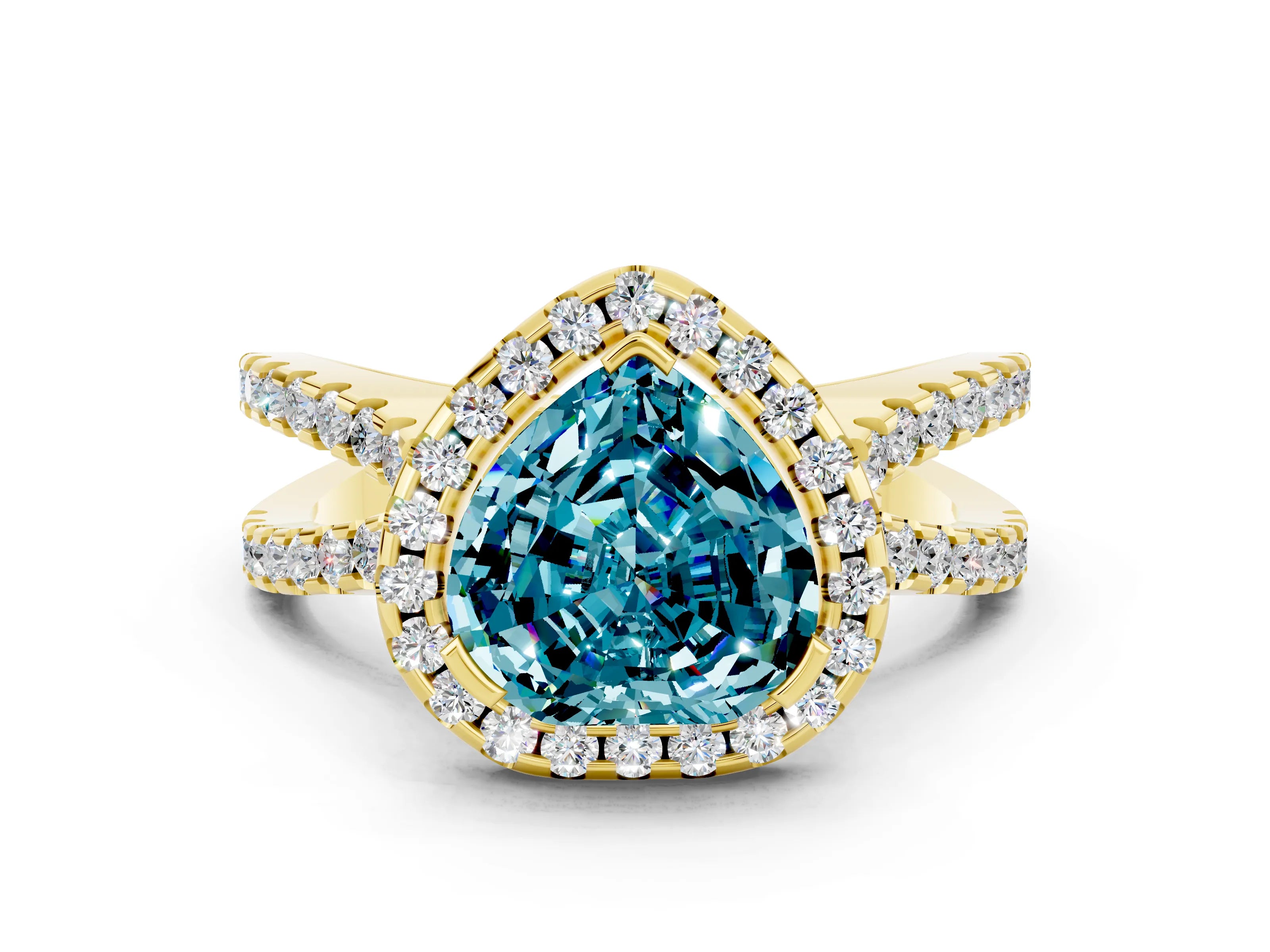 Yellow gold Heart Cut Blue Topaz Halo Ring with Split Shank Pavé Band and Prong Setting