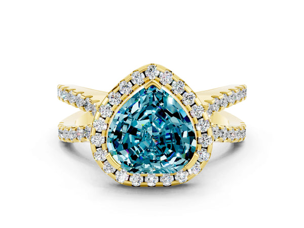 Yellow gold Heart Cut Blue Topaz Halo Ring with Split Shank Pavé Band and Prong Setting