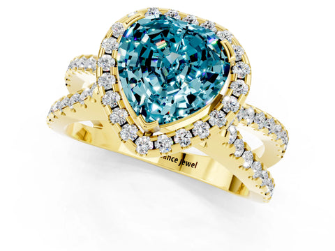 Yellow gold Heart Cut Blue Topaz Halo Ring with Split Shank Pavé Band and Prong Setting_1