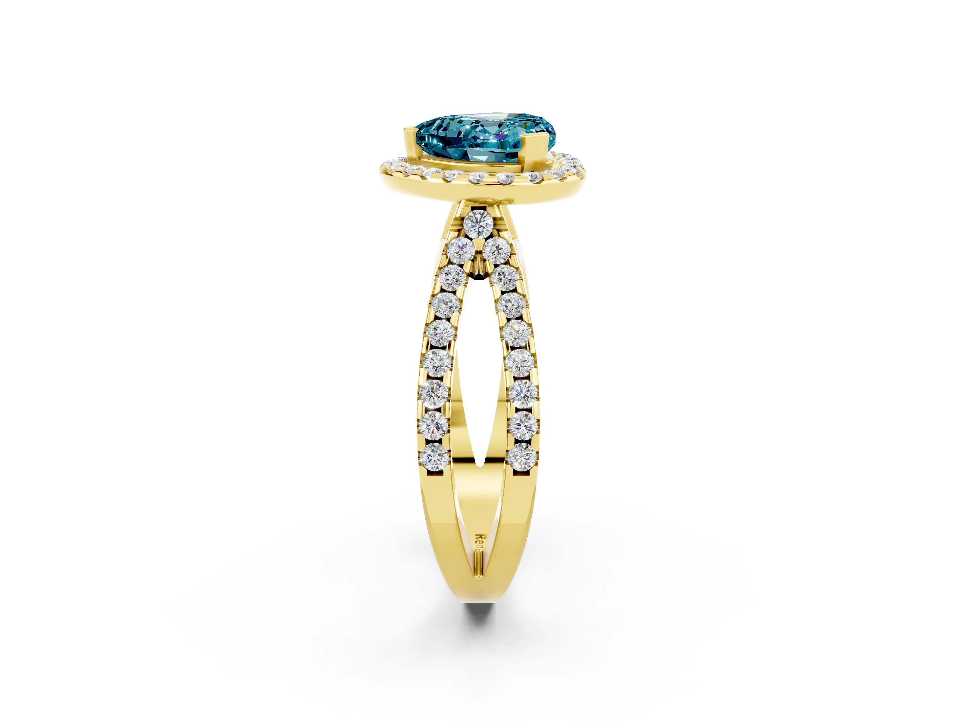 Yellow gold Heart Cut Blue Topaz Halo Ring with Split Shank Pavé Band and Prong Setting_2