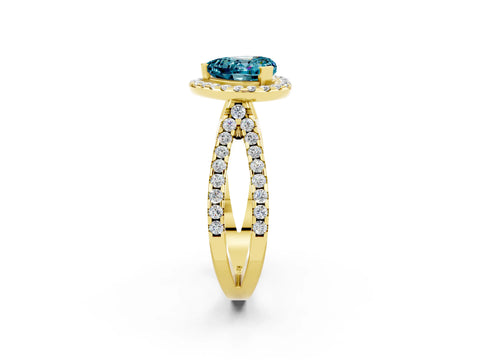 Yellow gold Heart Cut Blue Topaz Halo Ring with Split Shank Pavé Band and Prong Setting_2