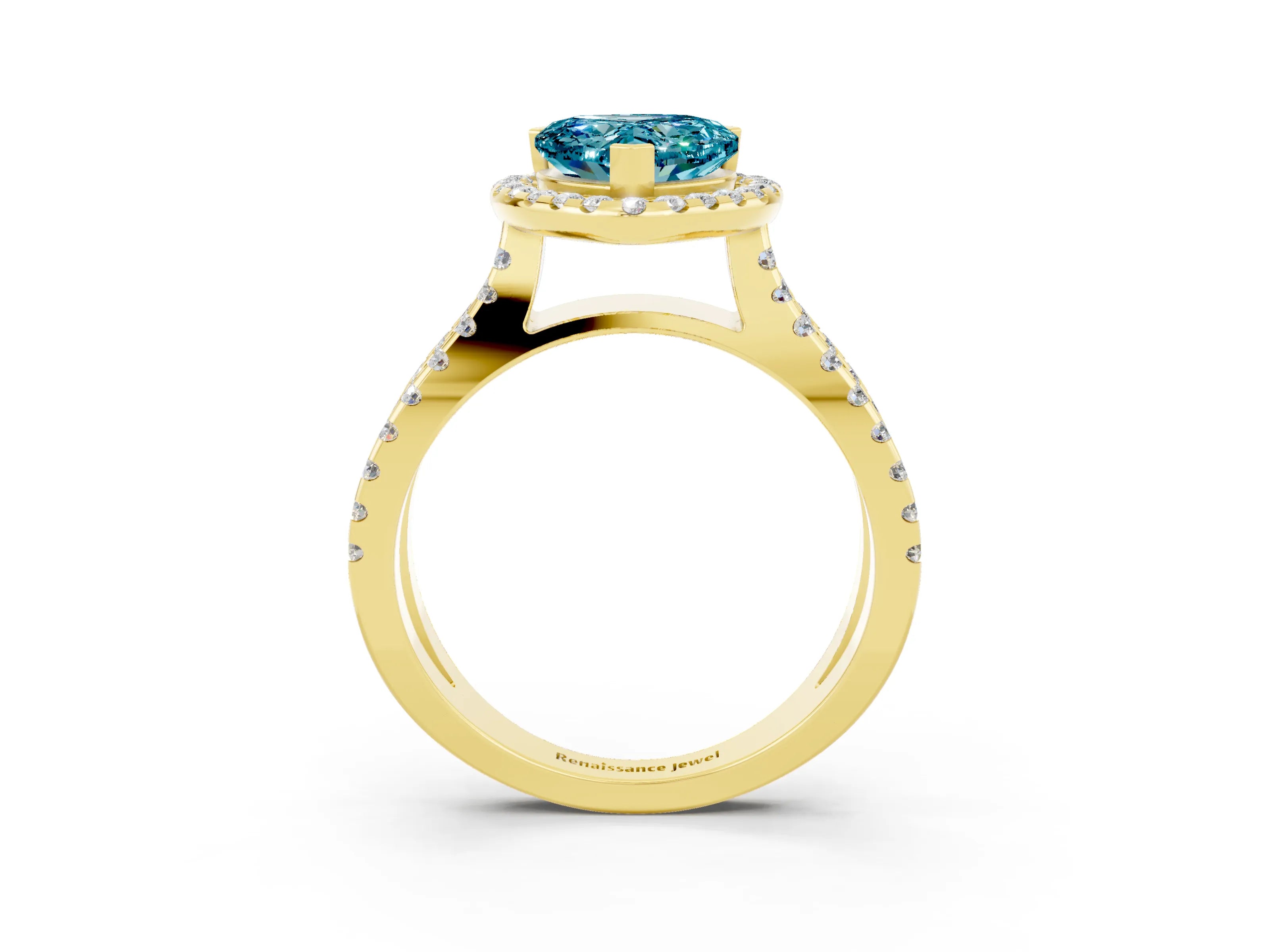 Yellow gold Heart Cut Blue Topaz Halo Ring with Split Shank Pavé Band and Prong Setting_3