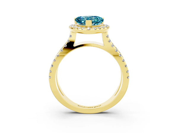 Yellow gold Heart Cut Blue Topaz Halo Ring with Split Shank Pavé Band and Prong Setting