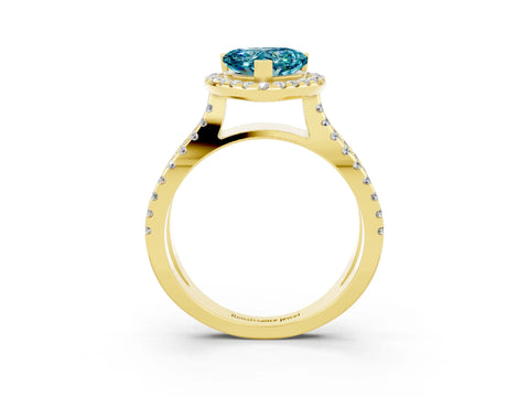 Yellow gold Heart Cut Blue Topaz Halo Ring with Split Shank Pavé Band and Prong Setting_3