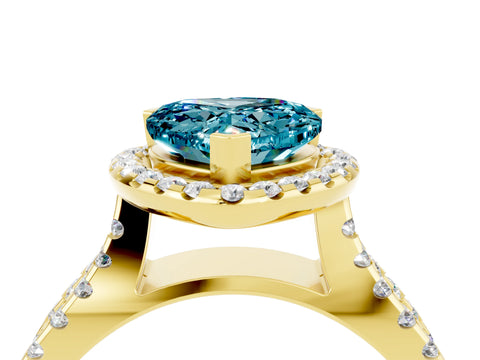 Yellow gold Heart Cut Blue Topaz Halo Ring with Split Shank Pavé Band and Prong Setting_4