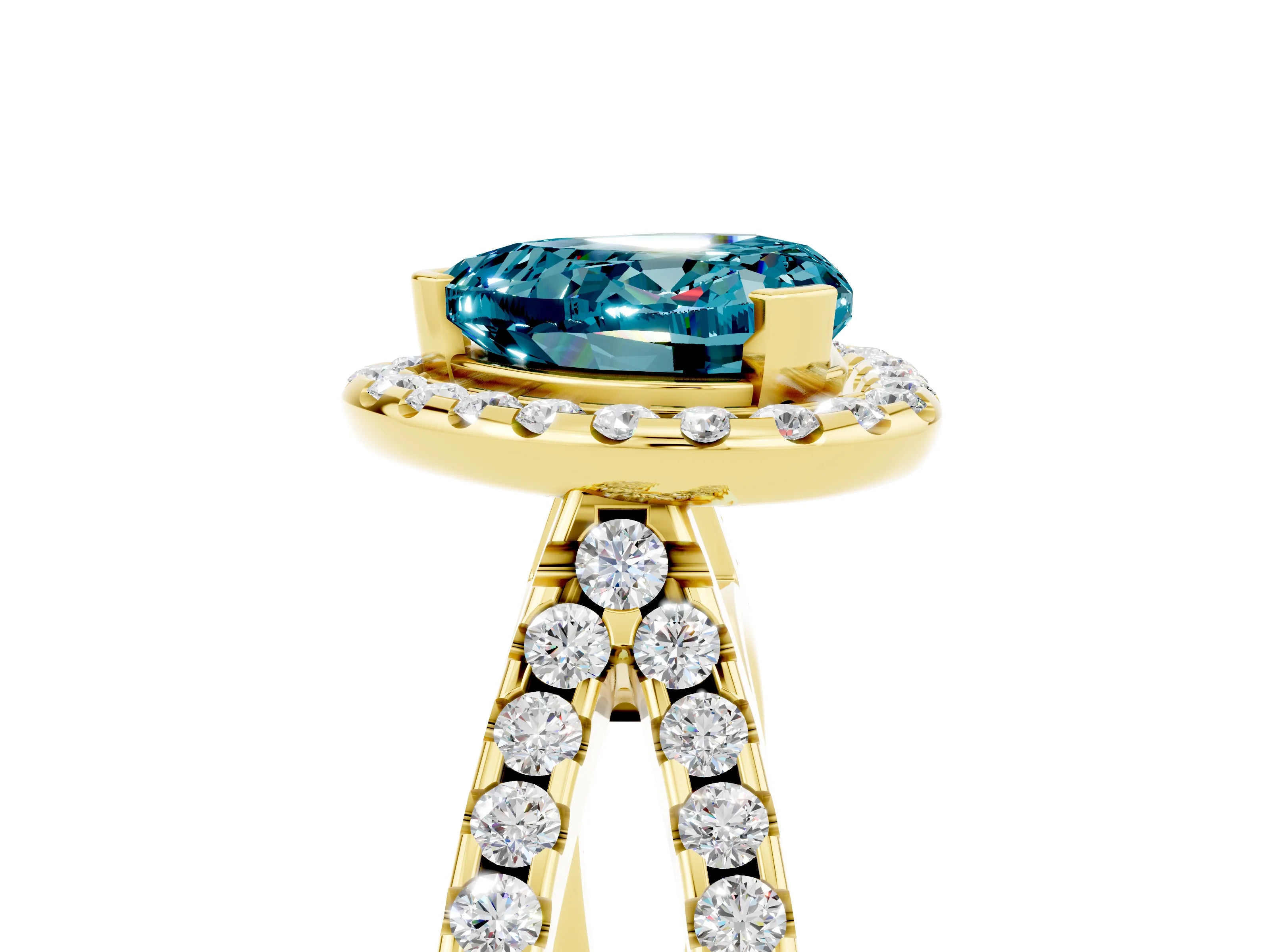 Yellow gold Heart Cut Blue Topaz Halo Ring with Split Shank Pavé Band and Prong Setting_5