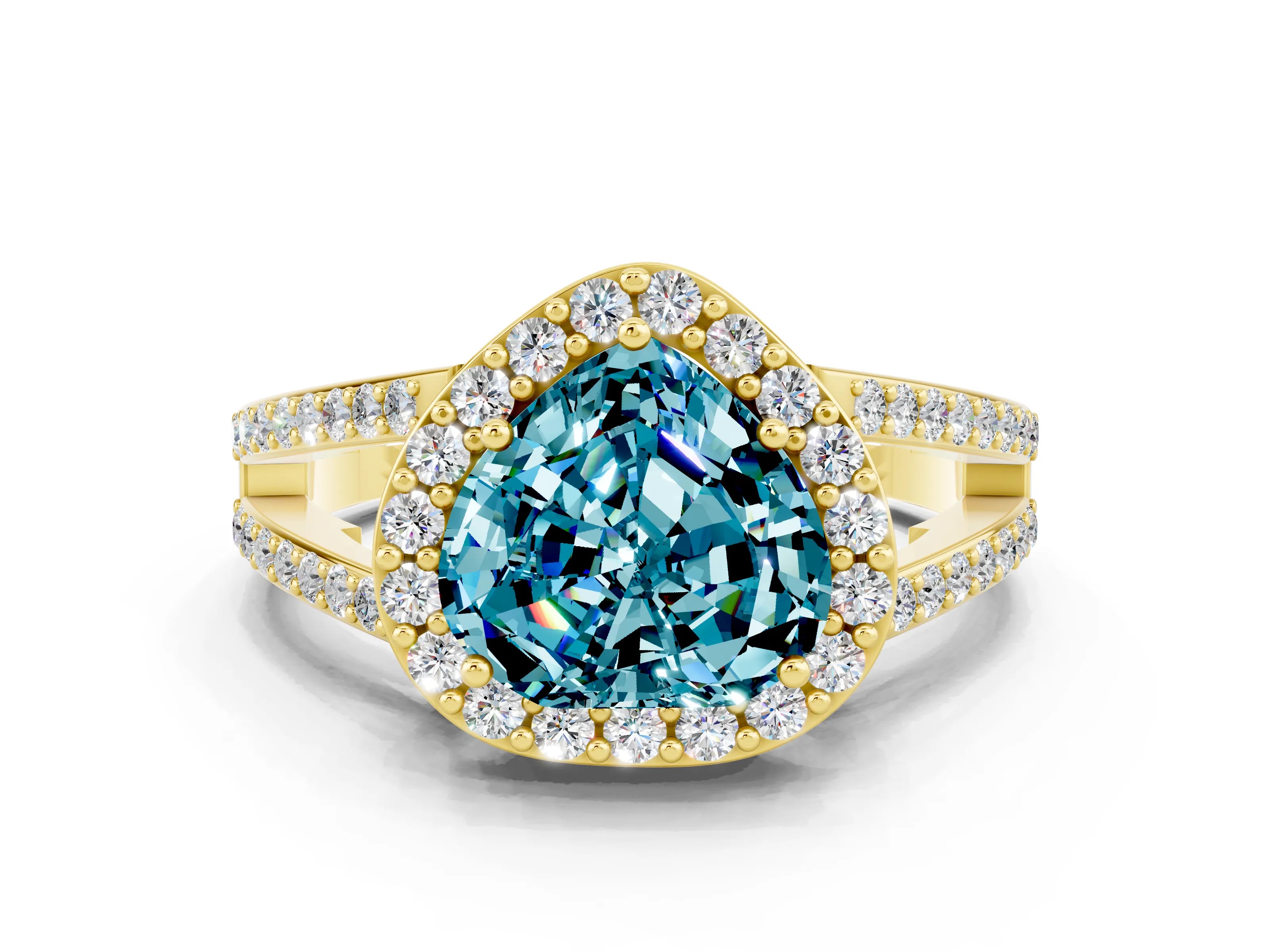 Yellow gold Heart Cut Blue Topaz Halo Ring with Split Shank U-Prong Band and Four-Prong Setting