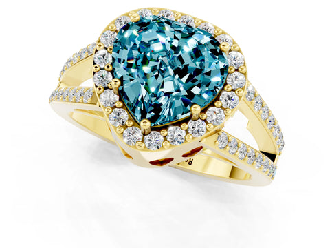 Yellow gold Heart Cut Blue Topaz Halo Ring with Split Shank U-Prong Band and Four-Prong Setting_1