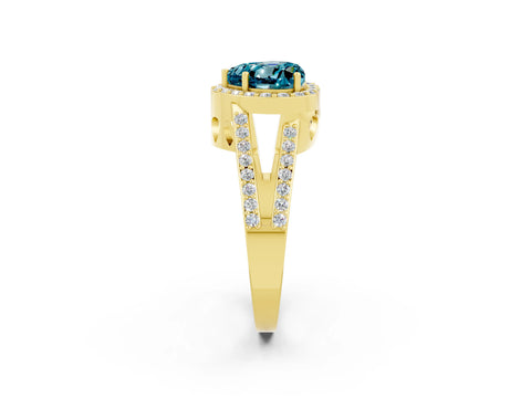 Yellow gold Heart Cut Blue Topaz Halo Ring with Split Shank U-Prong Band and Four-Prong Setting_2