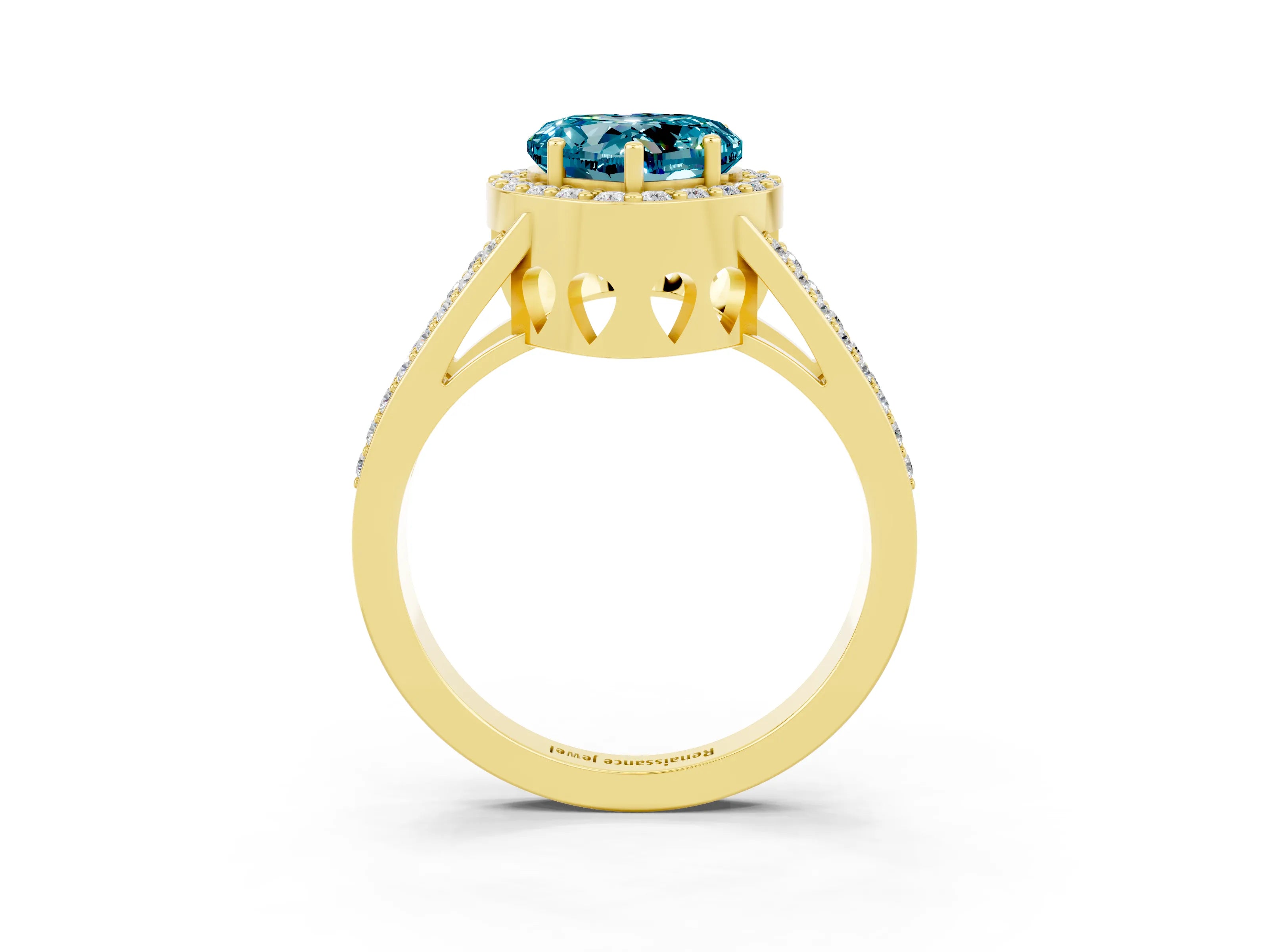 Yellow gold Heart Cut Blue Topaz Halo Ring with Split Shank U-Prong Band and Four-Prong Setting_3