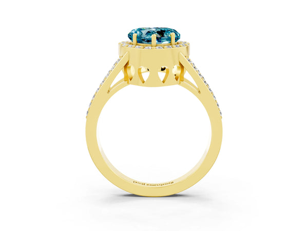 Yellow gold Heart Cut Blue Topaz Halo Ring with Split Shank U-Prong Band and Four-Prong Setting