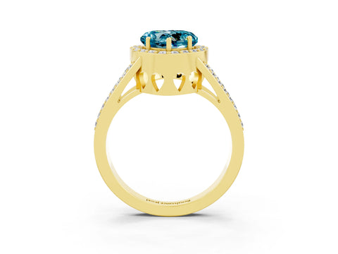 Yellow gold Heart Cut Blue Topaz Halo Ring with Split Shank U-Prong Band and Four-Prong Setting_3