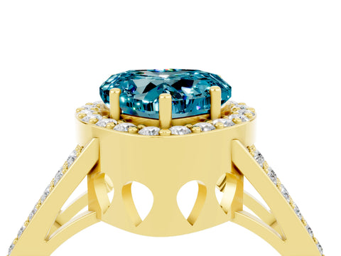 Yellow gold Heart Cut Blue Topaz Halo Ring with Split Shank U-Prong Band and Four-Prong Setting_4
