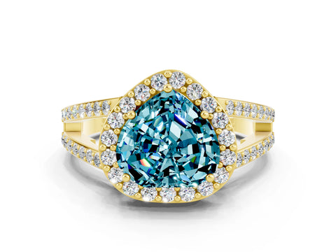 Yellow gold Heart Cut Blue Topaz Halo Ring with Split Shank U-Prong Band and Four-Prong Setting