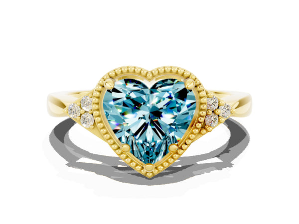 Yellow gold Heart Cut Blue Topaz Halo Ring with Tapered Band and Four-Prong Setting