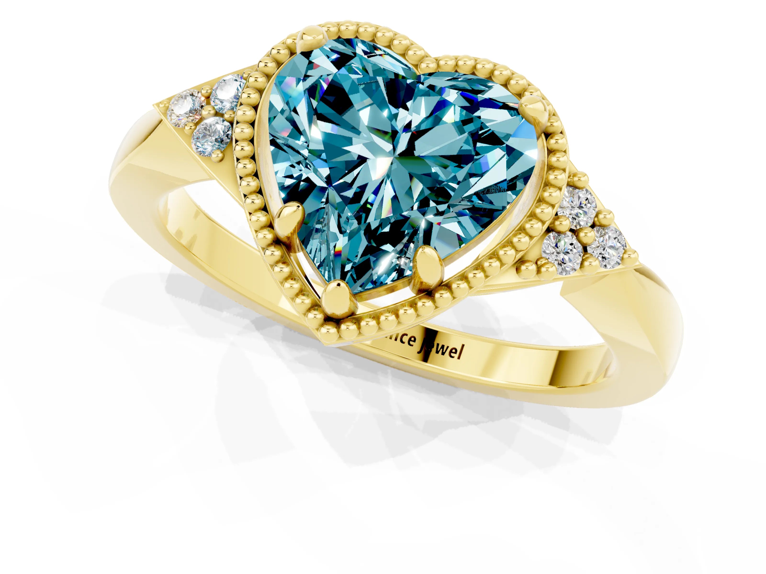 Yellow gold Heart Cut Blue Topaz Halo Ring with Tapered Band and Four-Prong Setting_1