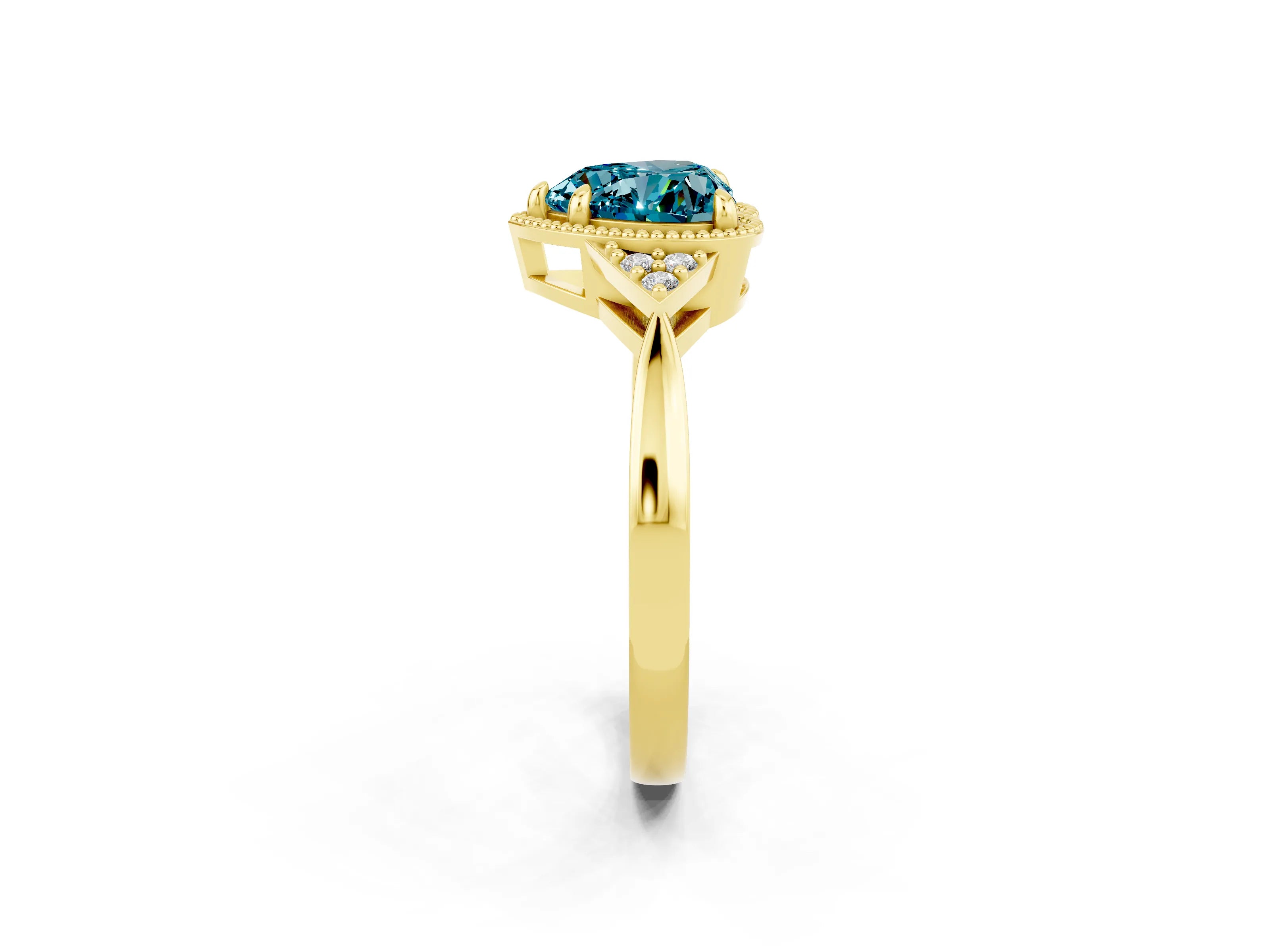 Yellow gold Heart Cut Blue Topaz Halo Ring with Tapered Band and Four-Prong Setting_2