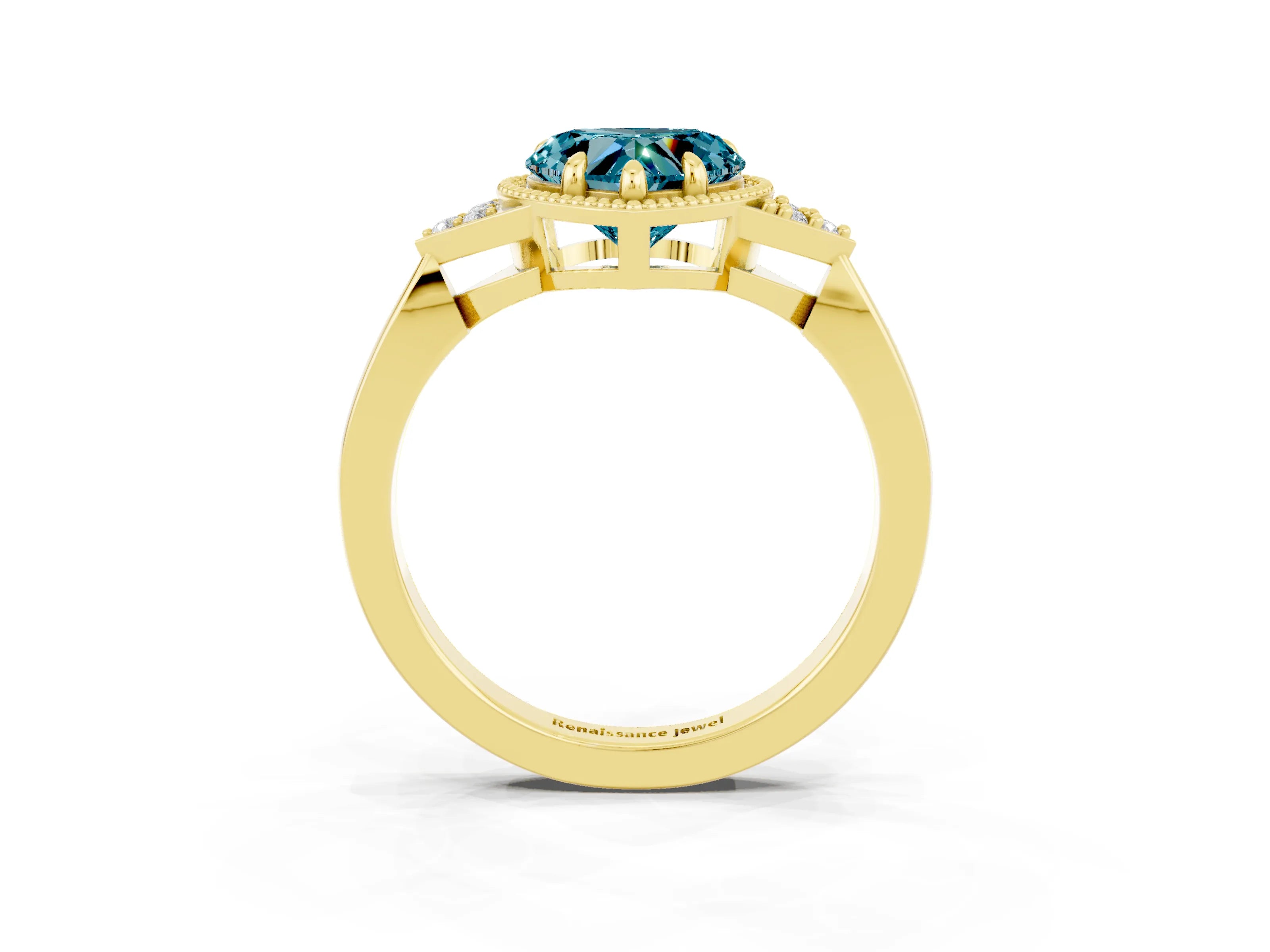 Yellow gold Heart Cut Blue Topaz Halo Ring with Tapered Band and Four-Prong Setting_3
