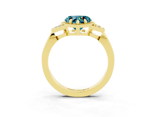 Yellow gold Heart Cut Blue Topaz Halo Ring with Tapered Band and Four-Prong Setting