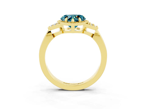 Yellow gold Heart Cut Blue Topaz Halo Ring with Tapered Band and Four-Prong Setting_3