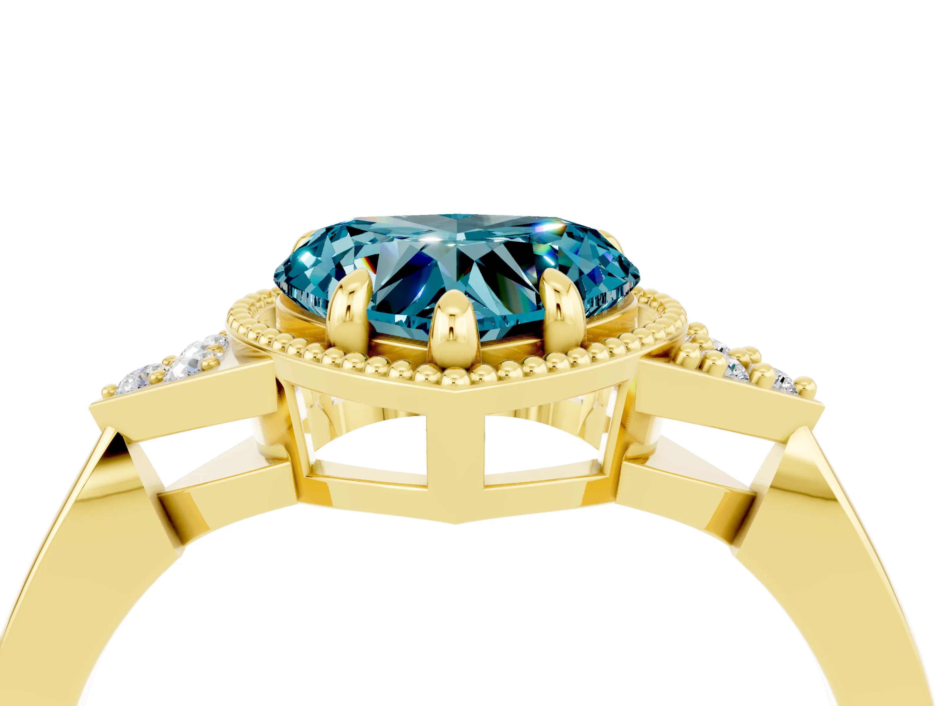 Yellow gold Heart Cut Blue Topaz Halo Ring with Tapered Band and Four-Prong Setting_4