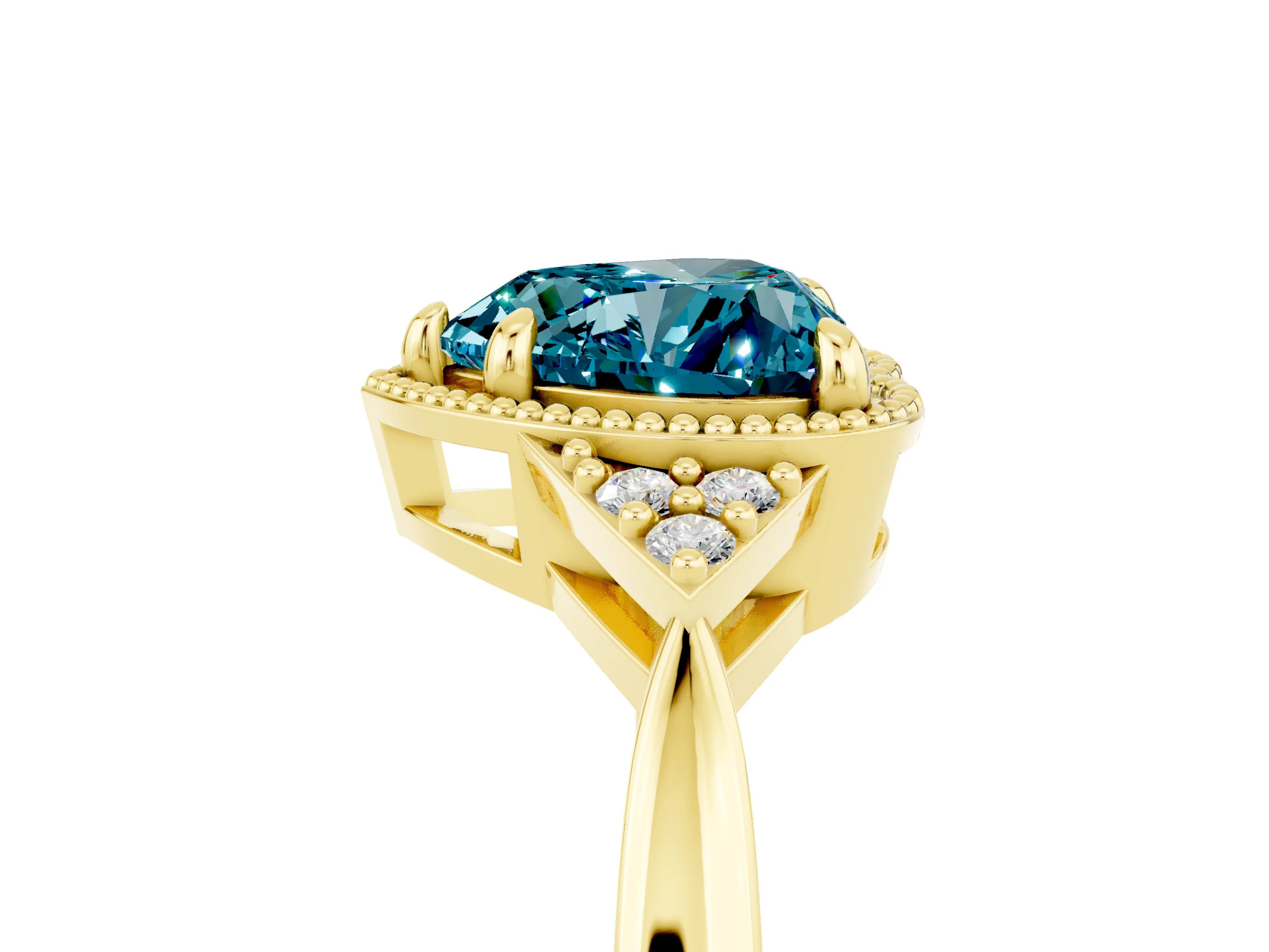 Yellow gold Heart Cut Blue Topaz Halo Ring with Tapered Band and Four-Prong Setting_5