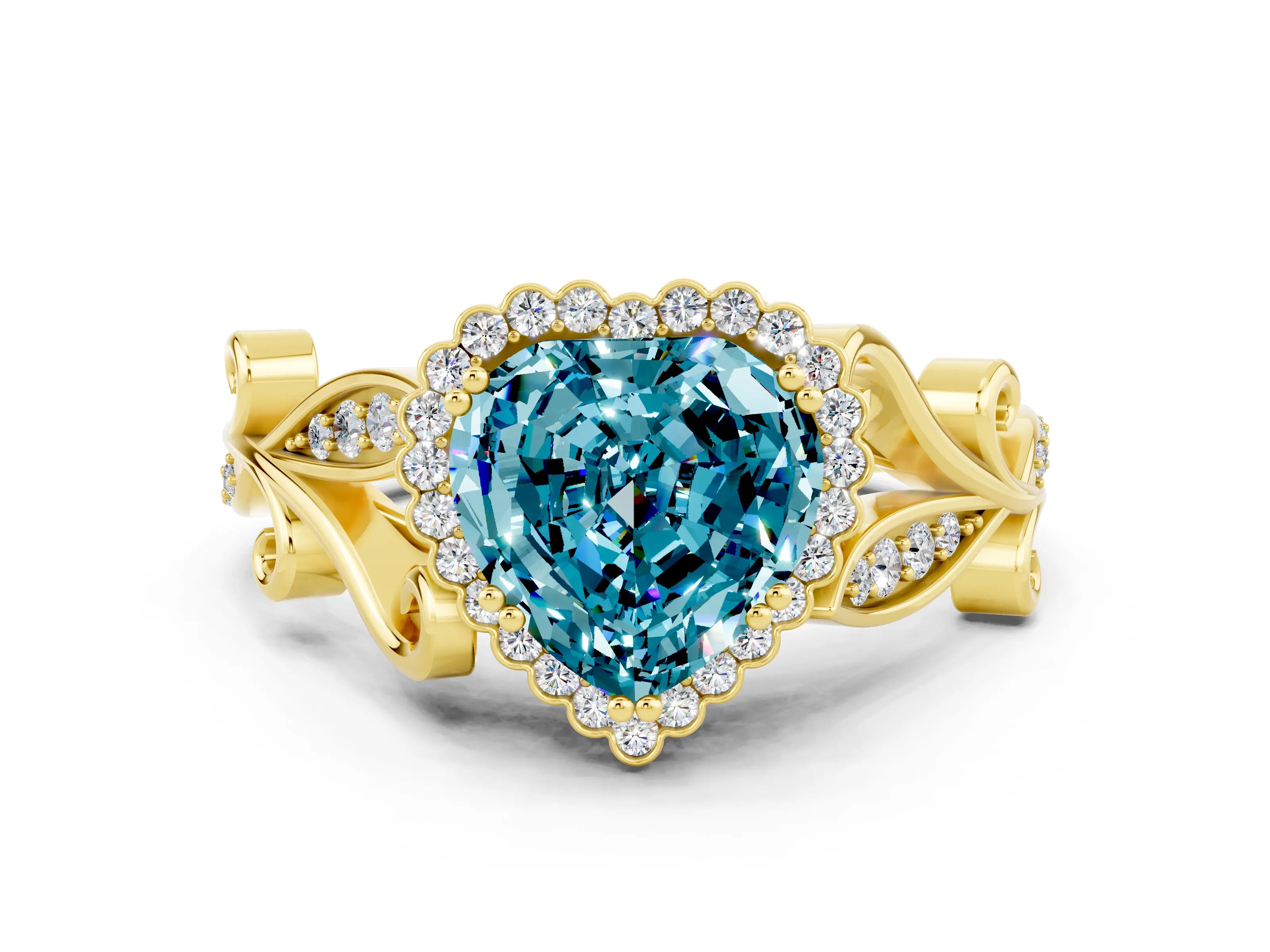 Yellow gold Heart Cut Blue Topaz Halo Ring with Vintage Split Shank and Four-Prong Setting