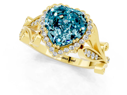Yellow gold Heart Cut Blue Topaz Halo Ring with Vintage Split Shank and Four-Prong Setting_1