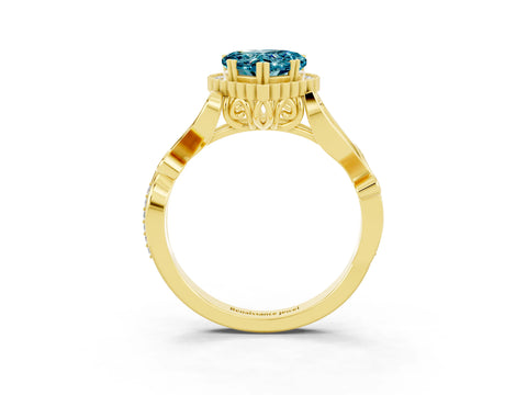 Yellow gold Heart Cut Blue Topaz Halo Ring with Vintage Split Shank and Four-Prong Setting_3