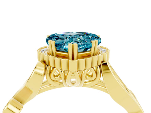 Yellow gold Heart Cut Blue Topaz Halo Ring with Vintage Split Shank and Four-Prong Setting_4