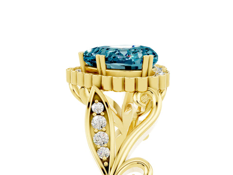 Yellow gold Heart Cut Blue Topaz Halo Ring with Vintage Split Shank and Four-Prong Setting_5