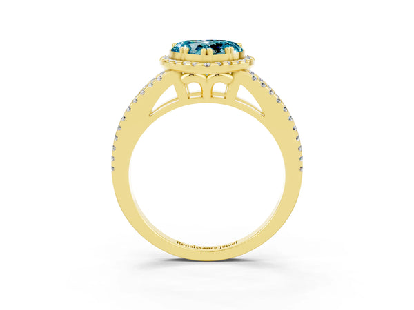 Yellow gold Heart Cut Blue Topaz Halo Split Shank Engagement Ring