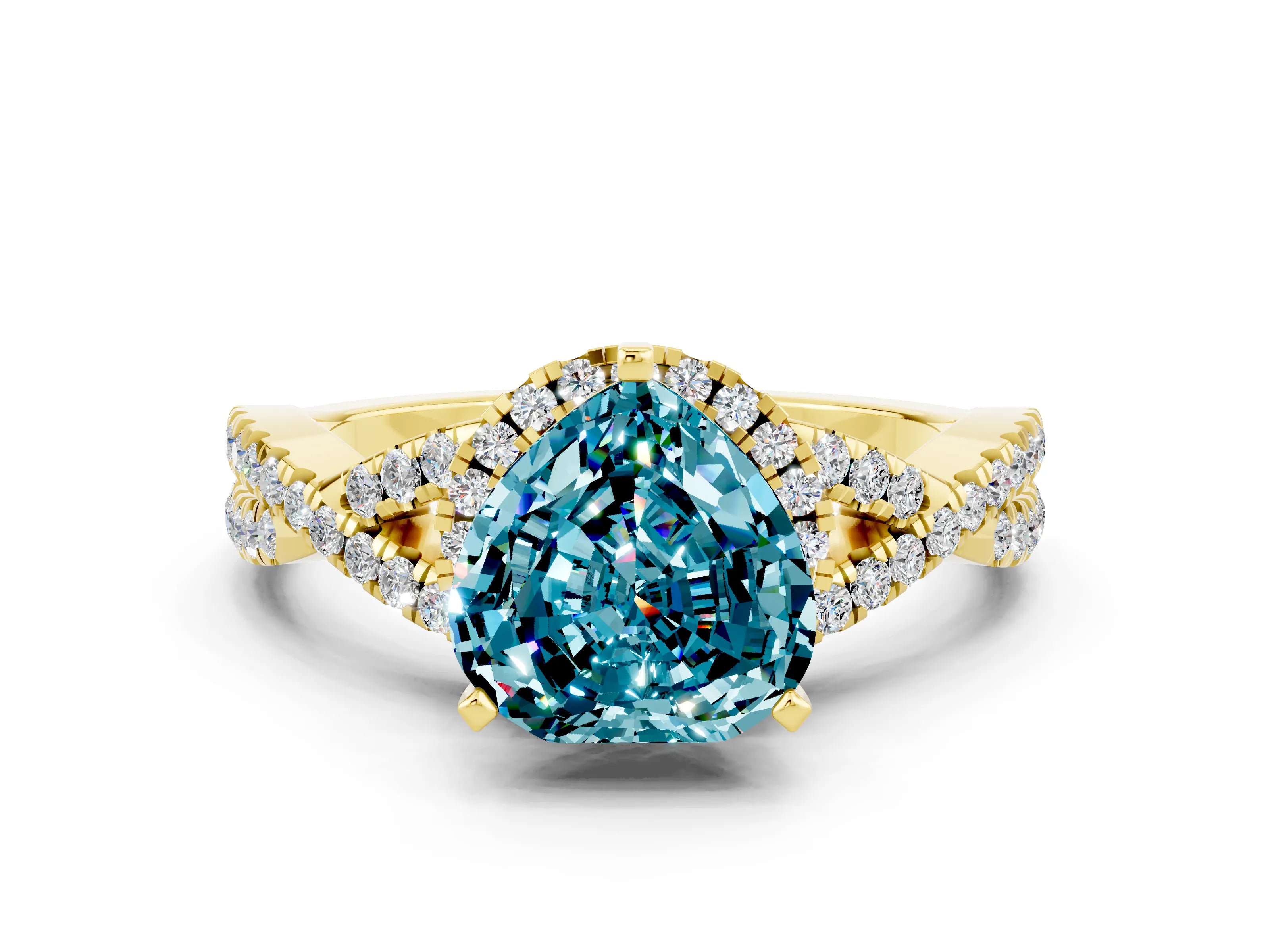 Yellow gold Heart Cut Blue Topaz Halo Twist Band Solitaire Prong Setting Ring