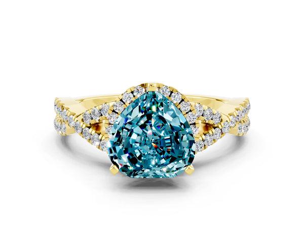Yellow gold Heart Cut Blue Topaz  Halo Twist Band Solitaire Prong Setting Ring