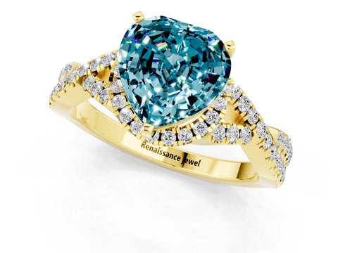 Yellow gold Heart Cut Blue Topaz Halo Twist Band Solitaire Prong Setting Ring_1