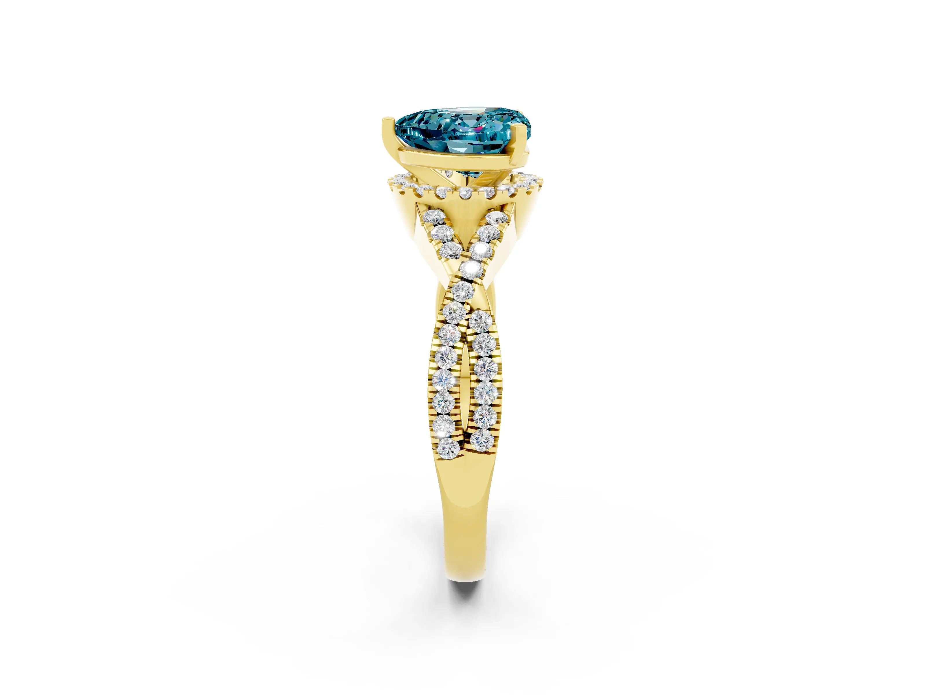 Yellow gold Heart Cut Blue Topaz Halo Twist Band Solitaire Prong Setting Ring_2